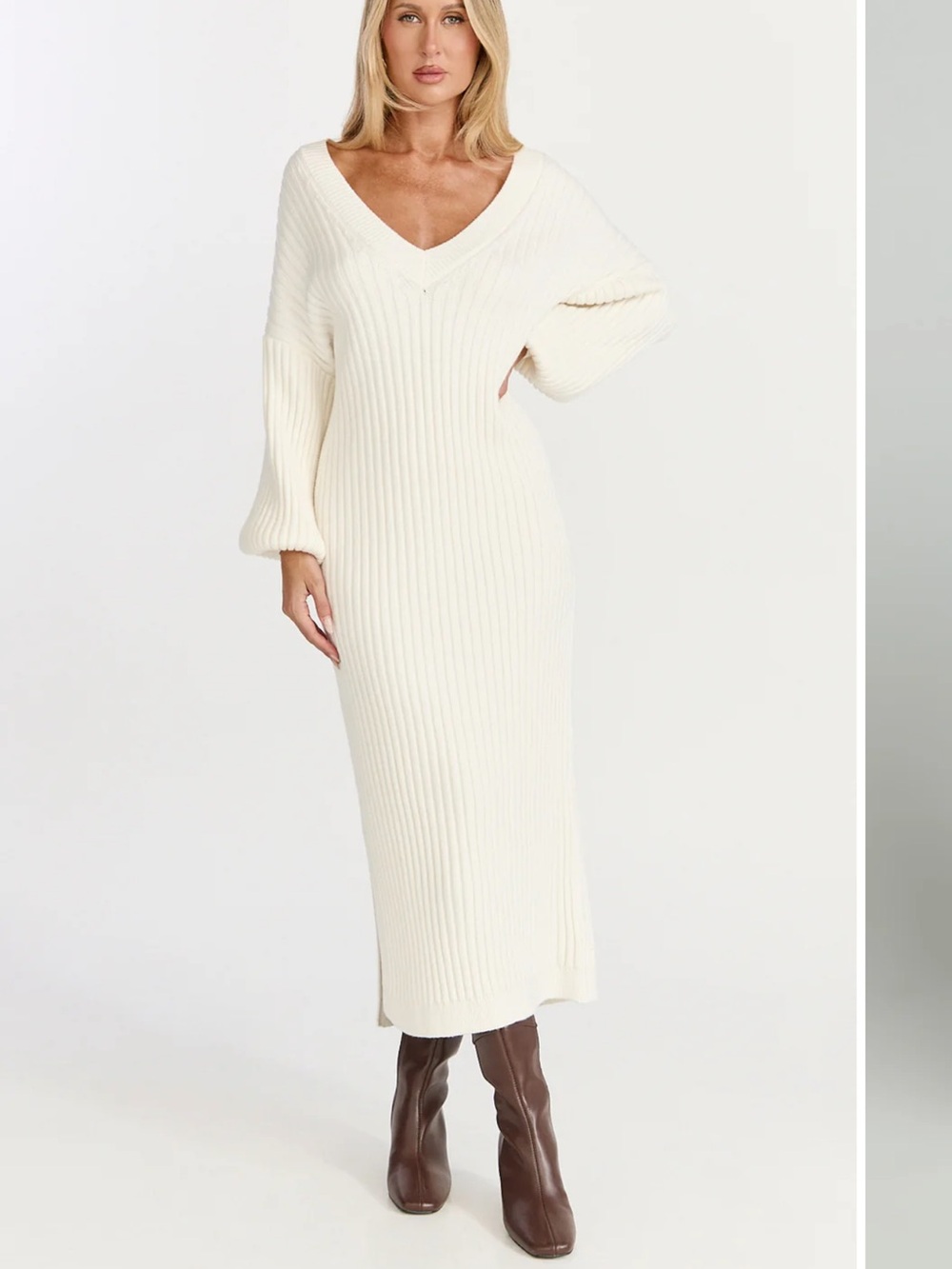 Showpo Cream V-Neck Ribbed Maxi Dress
